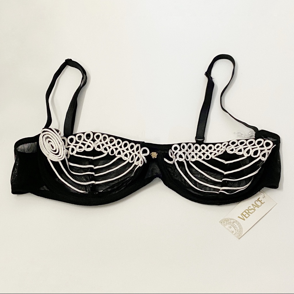 Nwt Versace Intimo Black White Mesh Embroidered Bra Xl